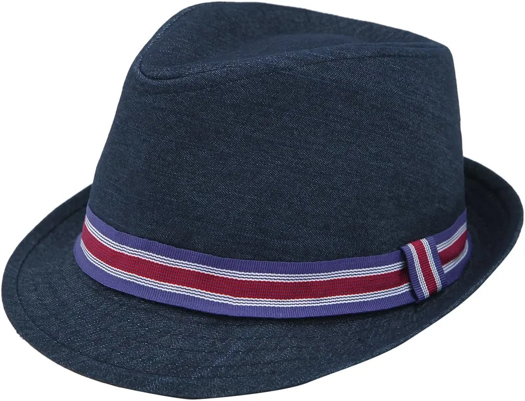 Premium Jeans Fabric Striped Band Fedora Hat - Diff Colors