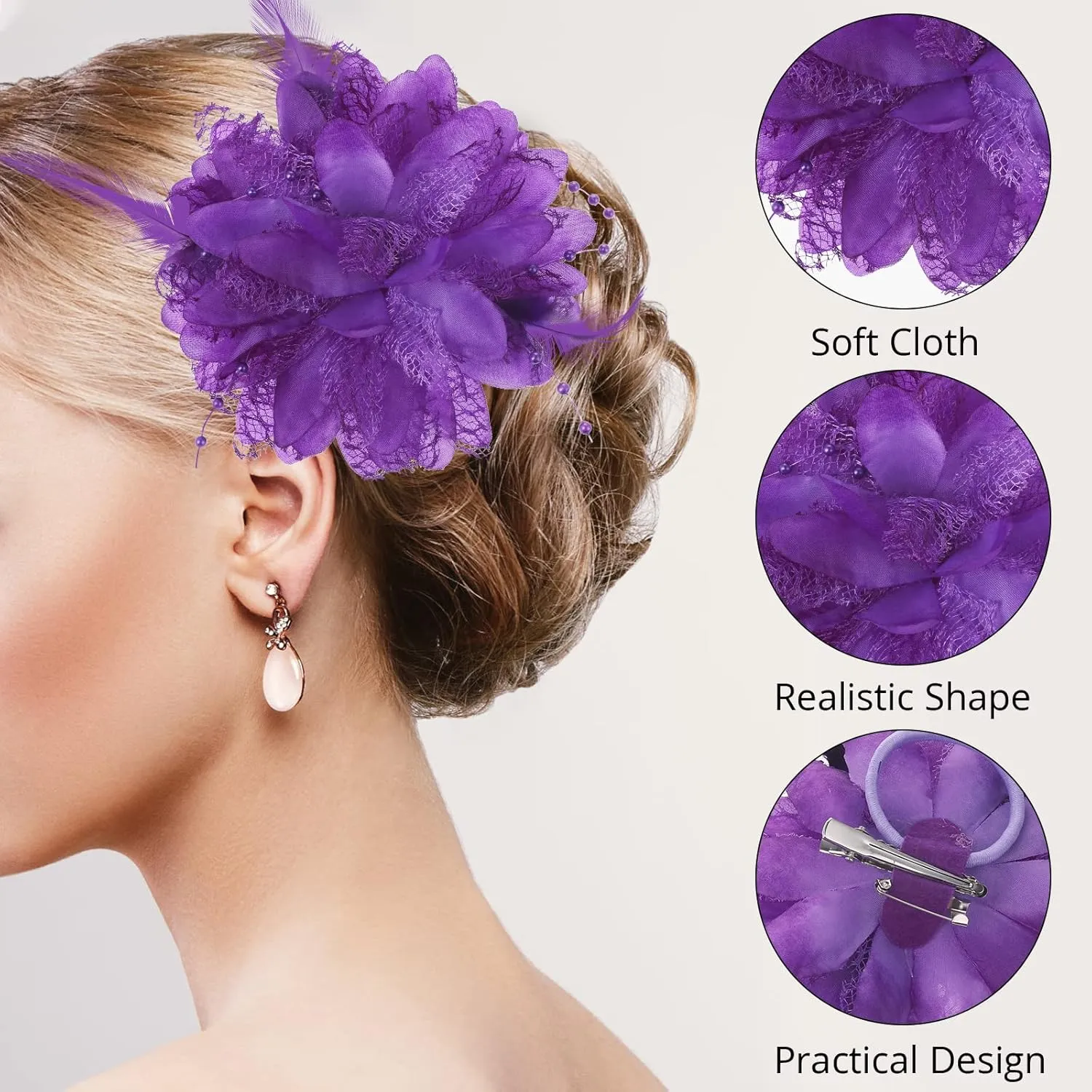 Purple Ladies Feather Flower Hair Clip Elegant Hat Flower Mesh Ribbons Brooch Pin Hair Accessory Fascinator Headwear Floral Corsage for Women and Girls Valentine's Day Birthday Wedding Party