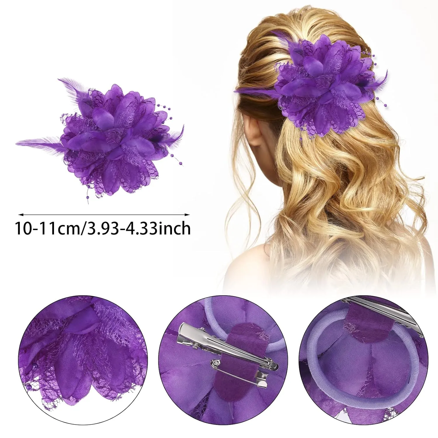 Purple Ladies Feather Flower Hair Clip Elegant Hat Flower Mesh Ribbons Brooch Pin Hair Accessory Fascinator Headwear Floral Corsage for Women and Girls Valentine's Day Birthday Wedding Party