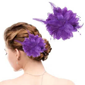 Purple Ladies Feather Flower Hair Clip Elegant Hat Flower Mesh Ribbons Brooch Pin Hair Accessory Fascinator Headwear Floral Corsage for Women and Girls Valentine's Day Birthday Wedding Party
