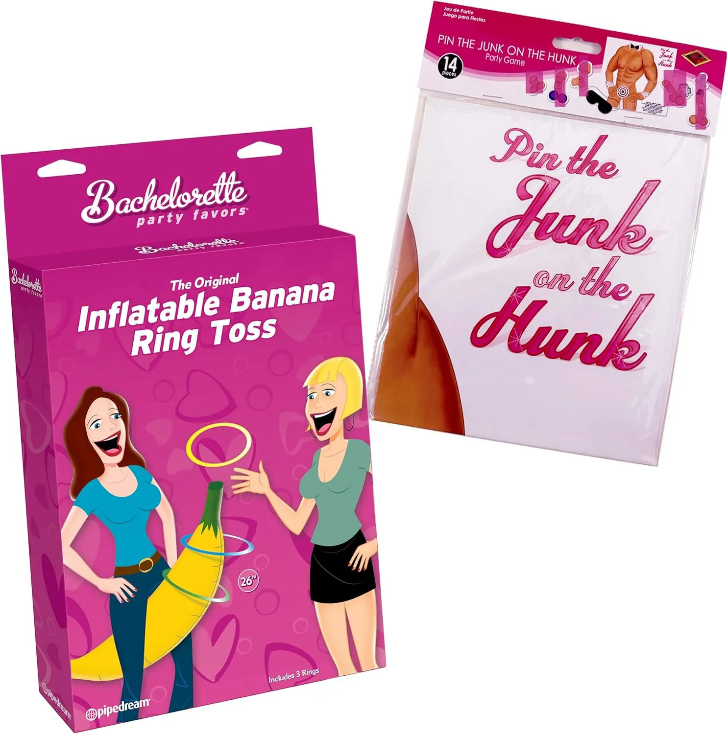 RhinestoneSash Bachelorette Party Supplies - Set of 2: Pin The Junk on The Hunk & 26" Inflatable Banana Ring Toss Game - Funny Girls Night Games