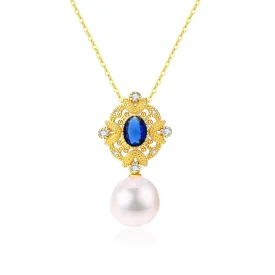Sapphire Vintage Baroque Pearls Necklace Gold Vermeil