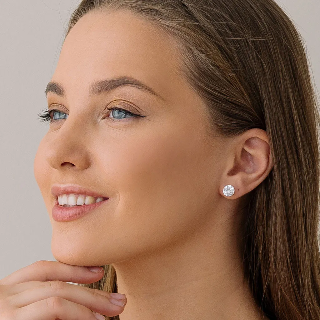 Silver Stud Earrings 8mm Round Crystal