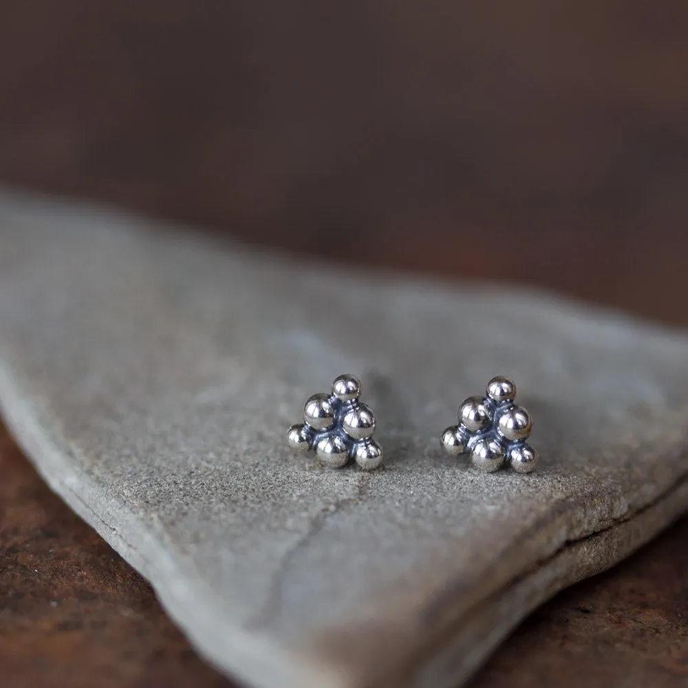 Small Triangle Stud Earrings, Sterling Silver Ball Cluster
