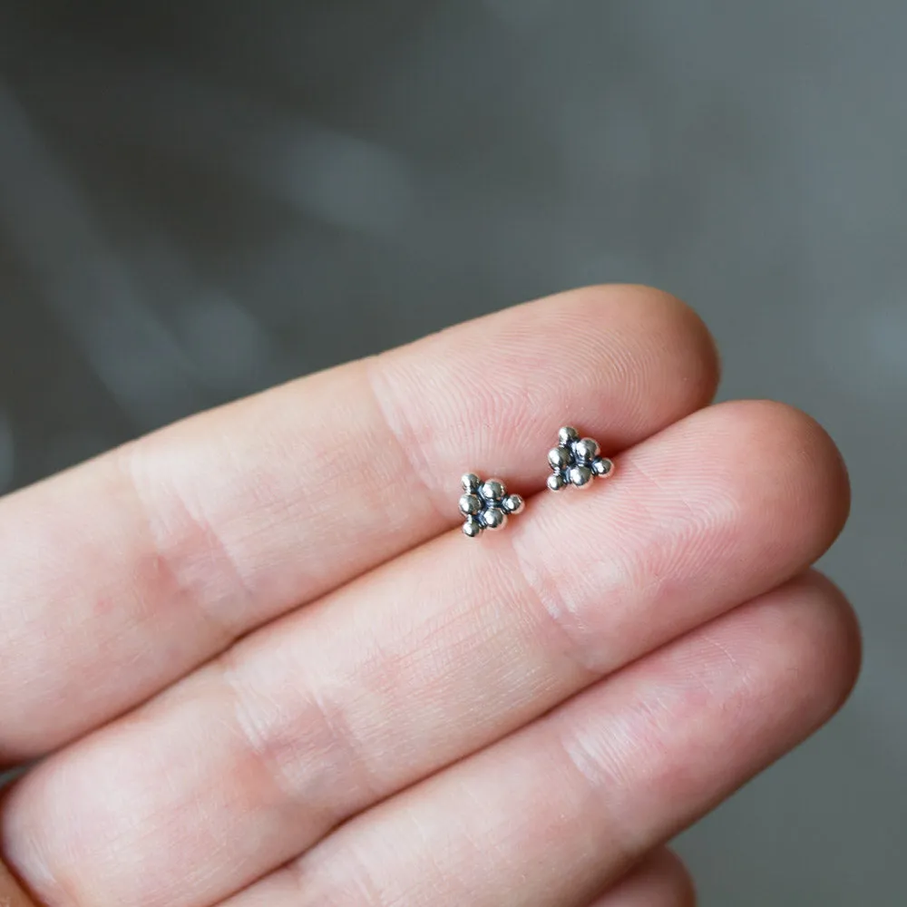 Small Triangle Stud Earrings, Sterling Silver Ball Cluster