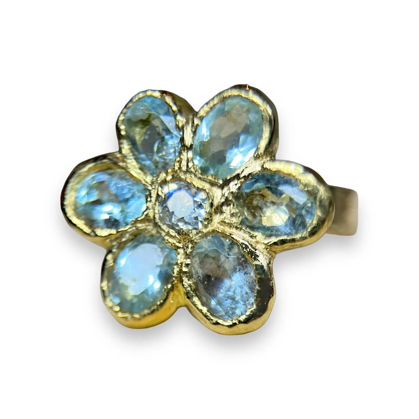 Sold Out - 18 Ct Large Flower Ring with Aquamarines and a Diamond