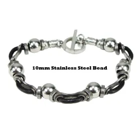 Stainless Steel Leather Link & Bead Bracelet - Wholesale