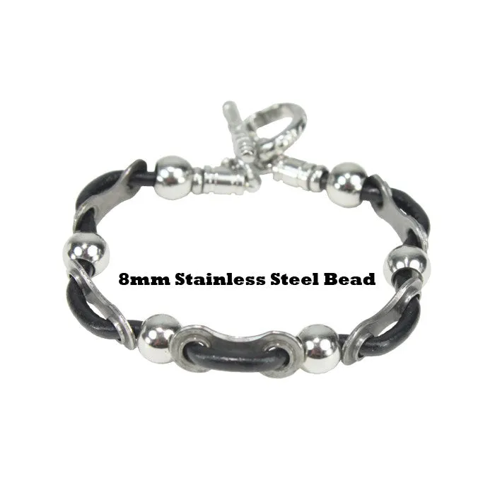 Stainless Steel Leather Link & Bead Bracelet - Wholesale