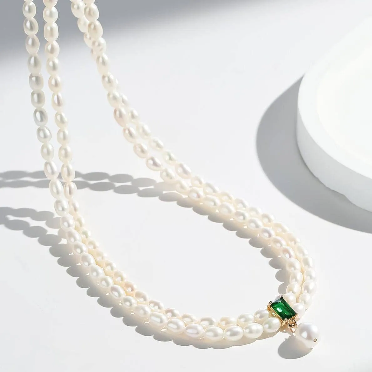 Super-Slim Freshwater Pearl Double Strand Emerald Layer Necklace
