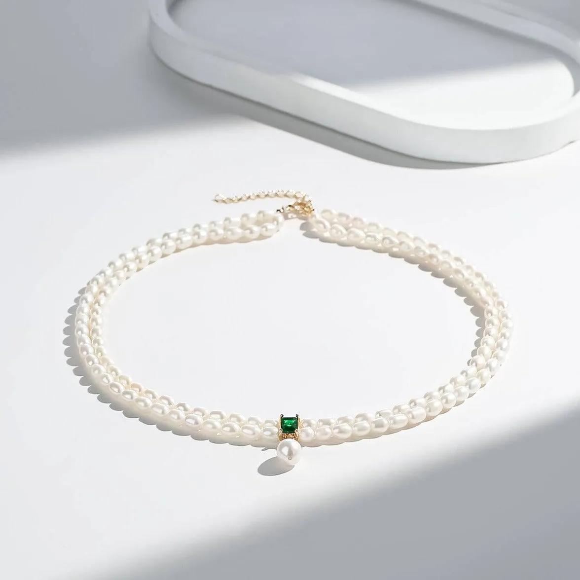 Super-Slim Freshwater Pearl Double Strand Emerald Layer Necklace