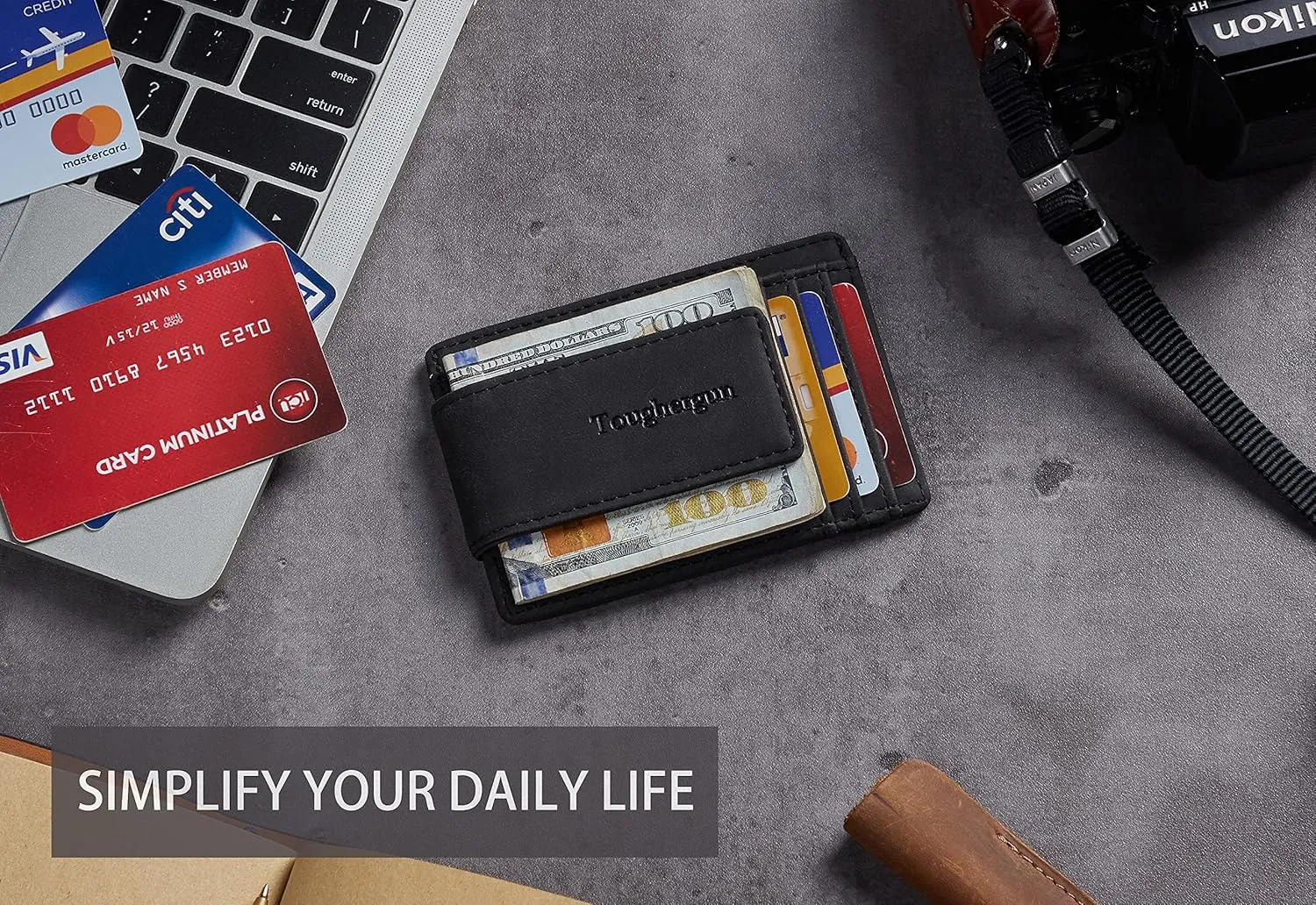 Toughergun Slim Minimalist Wallet for Men with Magnetic Money Clip Leather Wallet, Credit Card Holder RFID Blocking Front Pocket Holds Cash and Cards