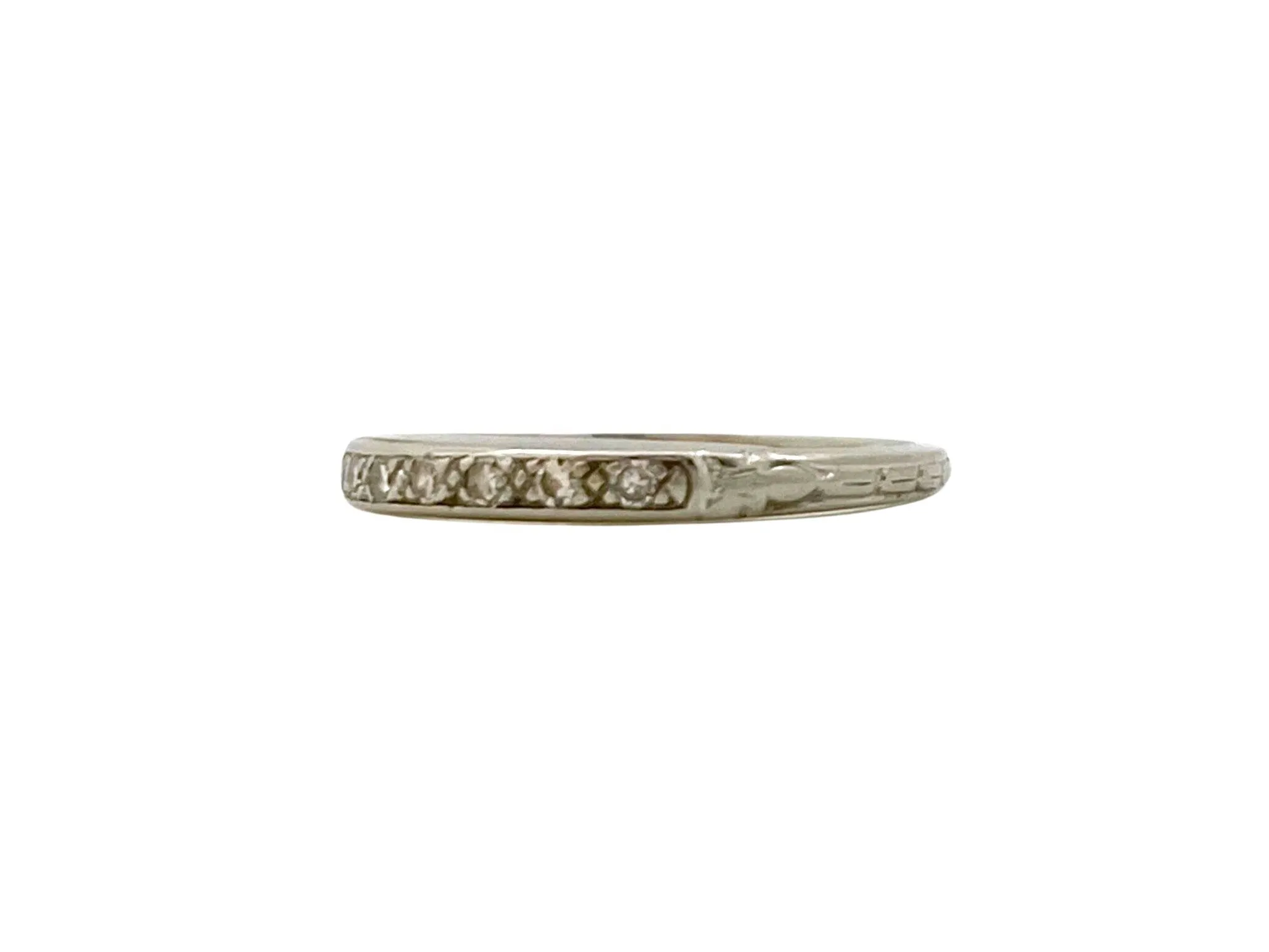 V I N T A G E // floral pave / solid 18k white gold with seven diamonds / deco nouveau retro wedding band / size 4.25