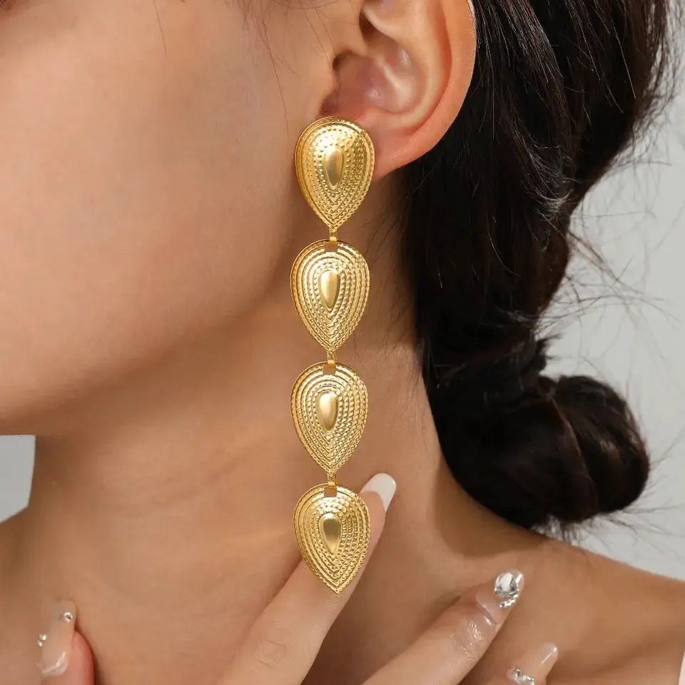 Vintage Etched Oval Drop Gold Earrings