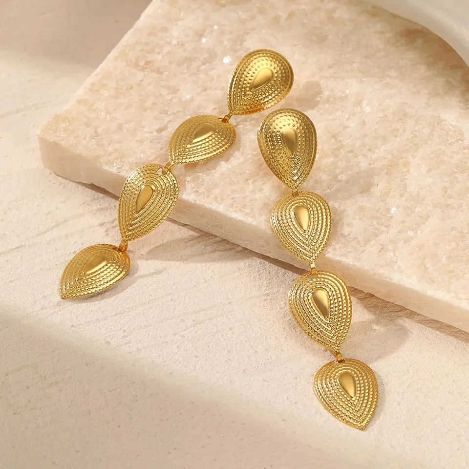 Vintage Etched Oval Drop Gold Earrings