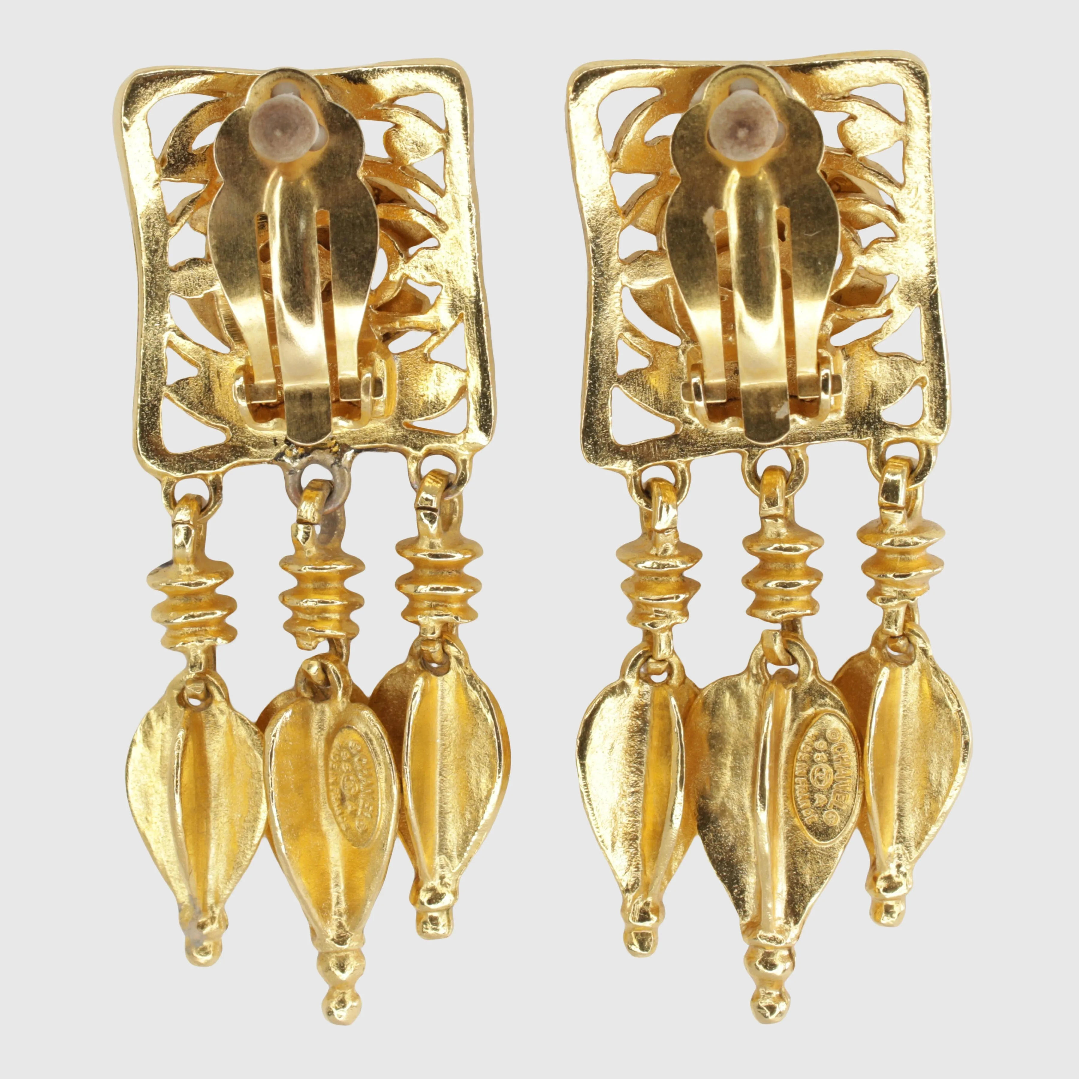 Vintage Gold CC Square Fringe Drop Clip-On Earrings