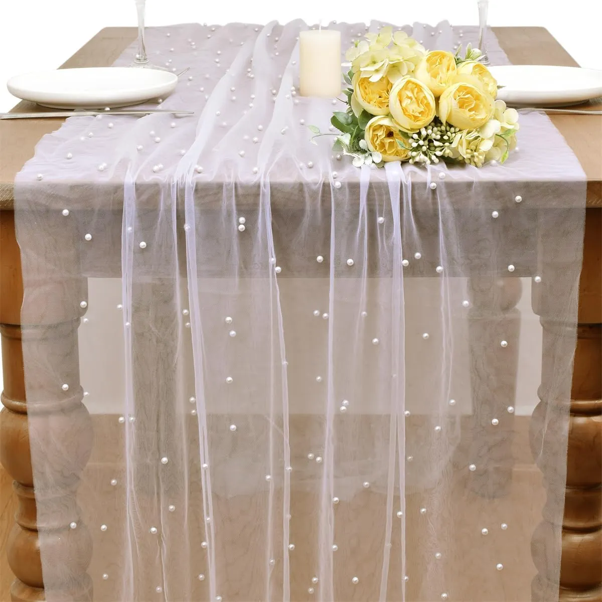 White Pearl Spring Summer Table Runner Boho Rustic Tulle Lace Mothers Day Table Runner for Baby Shower Wedding Arch Decor Veil Dessert Table Decor
