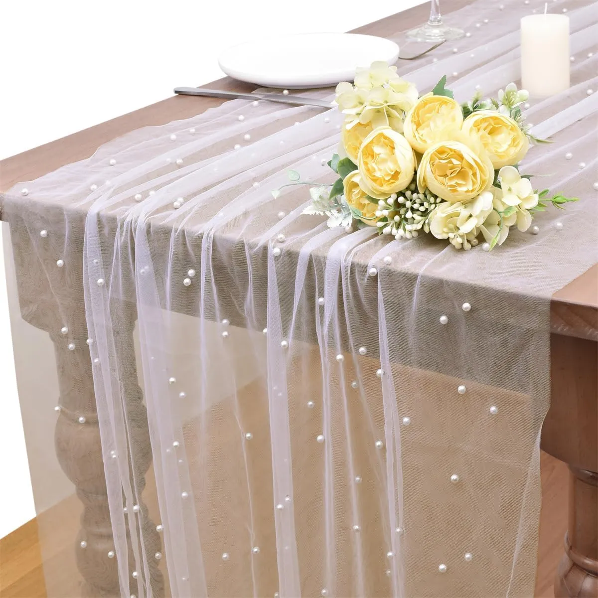 White Pearl Spring Summer Table Runner Boho Rustic Tulle Lace Mothers Day Table Runner for Baby Shower Wedding Arch Decor Veil Dessert Table Decor