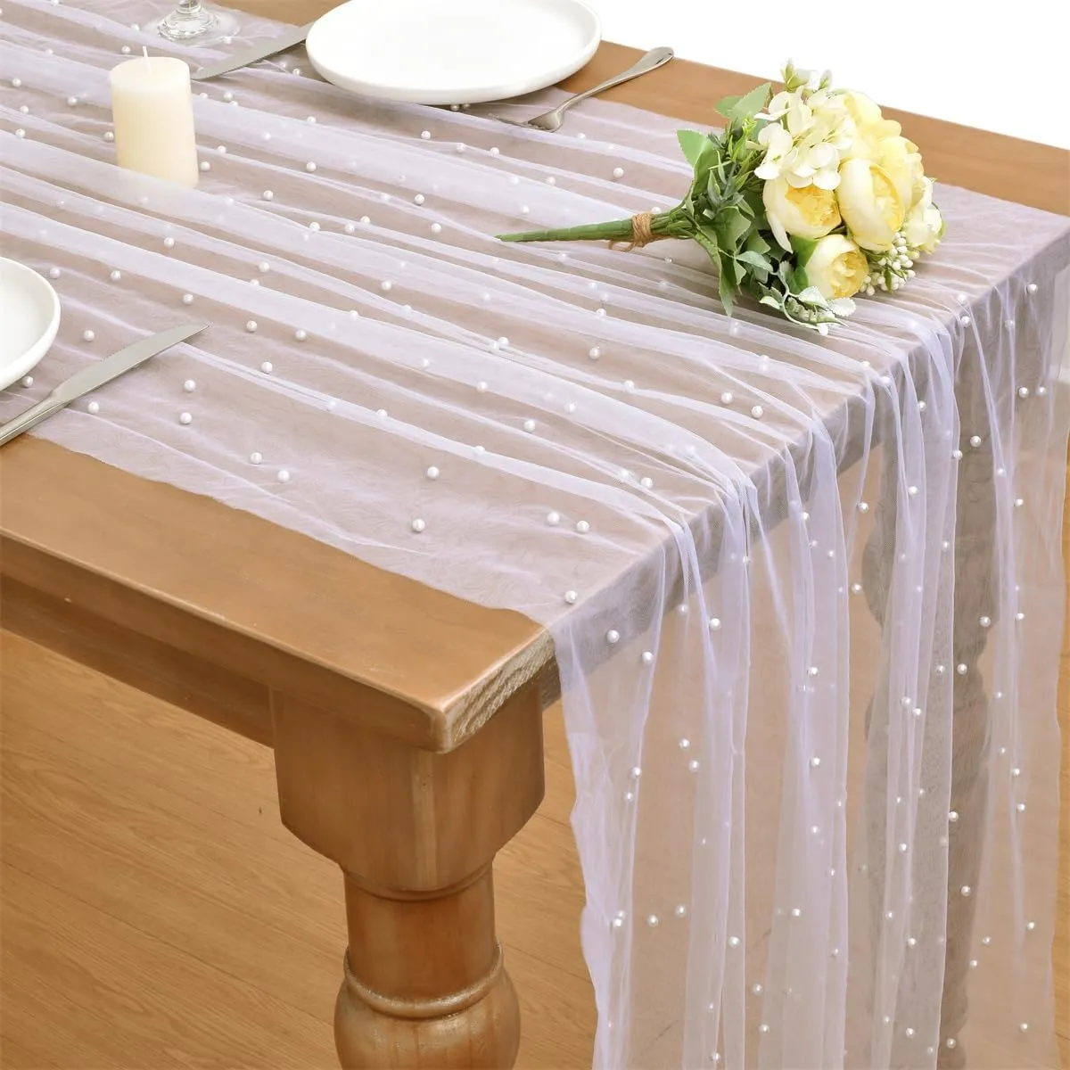 White Pearl Spring Summer Table Runner Boho Rustic Tulle Lace Mothers Day Table Runner for Baby Shower Wedding Arch Decor Veil Dessert Table Decor
