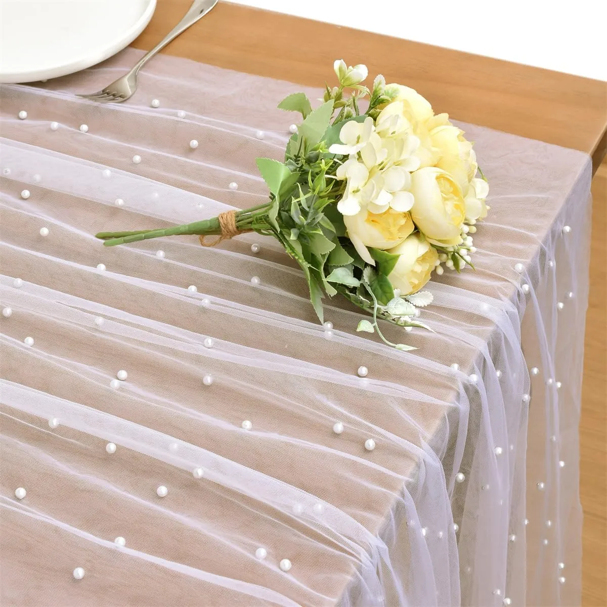 White Pearl Spring Summer Table Runner Boho Rustic Tulle Lace Mothers Day Table Runner for Baby Shower Wedding Arch Decor Veil Dessert Table Decor