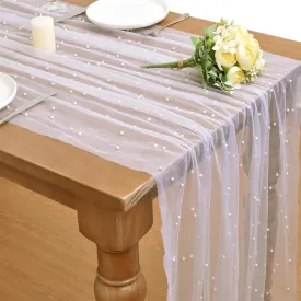 White Pearl Spring Summer Table Runner Boho Rustic Tulle Lace Mothers Day Table Runner for Baby Shower Wedding Arch Decor Veil Dessert Table Decor