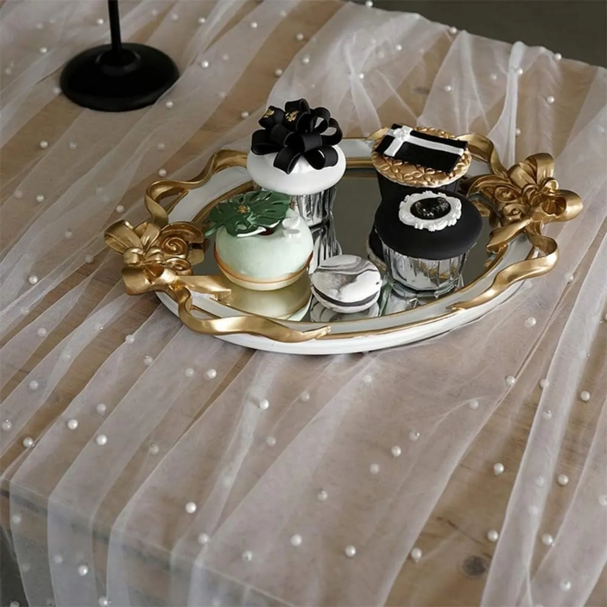 White Pearl Spring Summer Table Runner Boho Rustic Tulle Lace Mothers Day Table Runner for Baby Shower Wedding Arch Decor Veil Dessert Table Decor