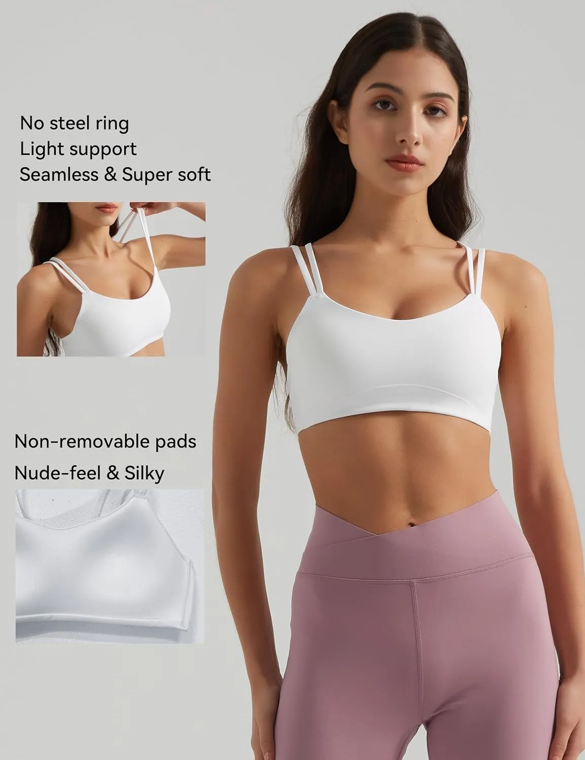 Yoga Sports Workout Bras for Women Seamless Molded Cup Spaghetti Double Strap Bra Wirefree Scoop Neck Tank Top Bras