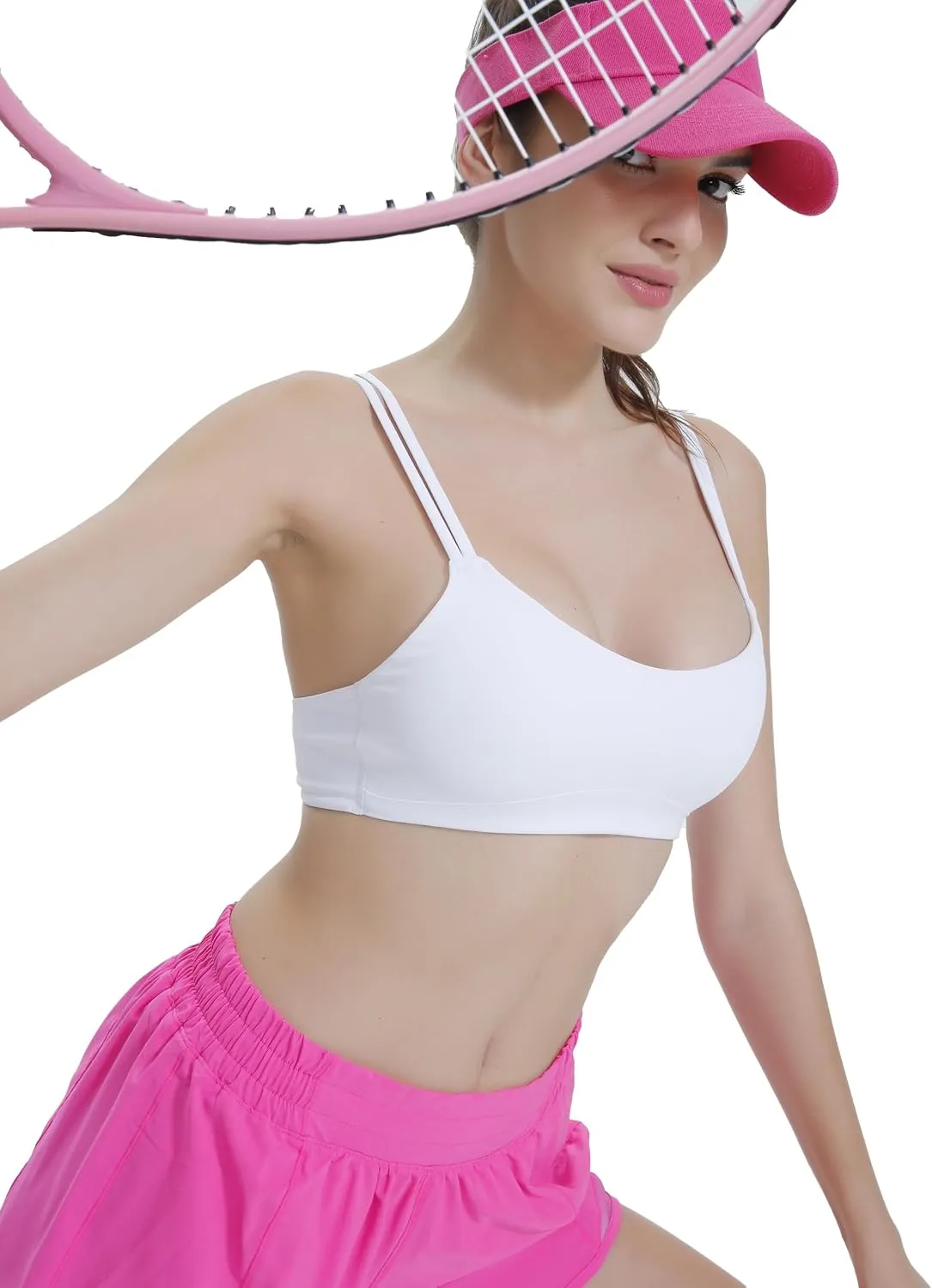 Yoga Sports Workout Bras for Women Seamless Molded Cup Spaghetti Double Strap Bra Wirefree Scoop Neck Tank Top Bras